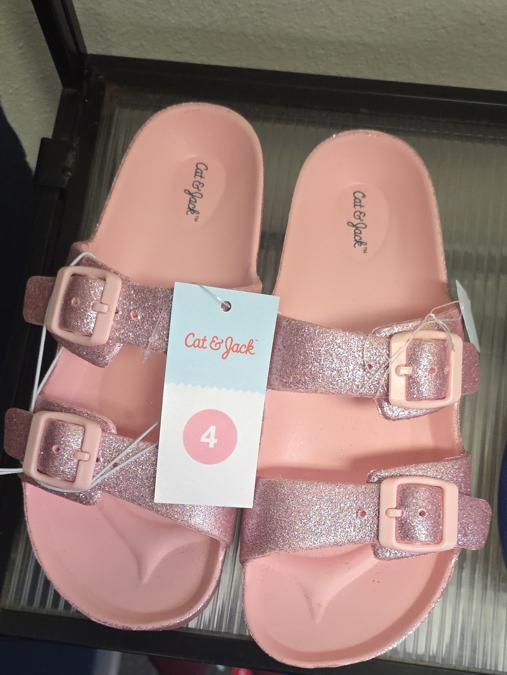 Cat & Jack Girls Pink Glitter Double-Buckle Slide Sandals